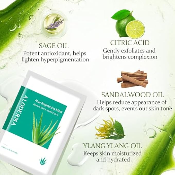 Aloderma BRIGHTENING FACIAL MASKS WITH 88% ORGANIC ALOE VERA - 5 PACK FACIAL MASKS FOR WOMEN & MEN WITH NIACINAMIDE & LICORICE FOR RADIANT SKIN - EVENS SKIN TONE & REVITALIZES DRY, DULL, TIRED SKIN - Image 3